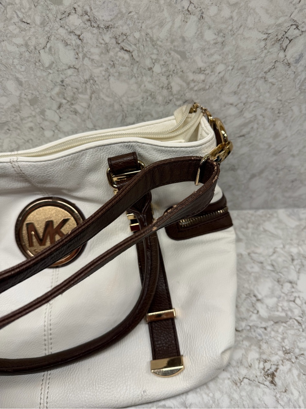 Michael Kors White & Brown Leather MK Signature Tote - Picture 5 of 5